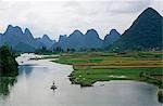 Yulong River,Nr Yangshuo,Guangxi ProvinceTourists pole bamboo rafts on the placid river set amidst some of south China's finest karst scenery