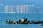 Flottant fish farm, Lamma Island, Hong Kong (Hong Island en arrière-plan)