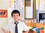 Elementary schoolboy standing in classroom, portrait