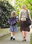 Elementary schoolgirl walking with mother on pavement, back view