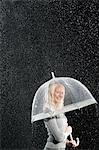 Femme d'affaires souriant debout sous un parapluie pendant la pluie