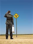 Businessman looking at road sign in desert, back view