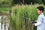 Boy (7-9) fishing in river