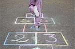 Girl (7-9) playing hop-scotch in school playground, low section