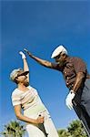 Senior couple giving high-five on golf course, (low angle view)