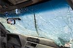 Broken windshield of car, view from interior