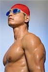 Man Wearing Bathing Cap and Goggles