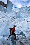 Femme héli-randonnée, Franz Josef Glacier, South Island, Nouvelle-Zélande