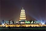 A night time water show at the Big Goose Pagoda Park,built in 652 by Emperor Gaozong,Xian City,Shaanxi Province,China