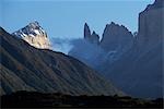 Early morning sun catches the Cuernos del Paine