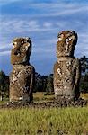 Two of the seven moais of Ahu Akivi on their platform. They are the only moais to have been erected inland and the only ones that look towards the sea. These moais were restored and put back on their original platform in 1960 by William Molloy and Gonzalo Figueroa,two of the archaeologists who worked with Thor Heyerdahl in 1955.