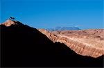 Die Erholung auf ein hoher Berg während einer Wanderung Pferd unter den Gipfeln Wind erodiert und die Mondlandschaft der Salt Berge