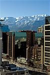 Chile,Santiago. The modern city centre with the Andes bathed in sunlight.