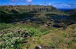 Chile,Easter Island. Rano Kau volcanic crater near the ceremonial village of Orongo at the southern end of the island.