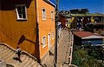 Maisons sur la région V, Cerro Alegre, Valparaiso, Chili Central.