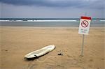 Do Not Swim sign warns holiday makers not to seim among the surfers on Fistral Beach,Newquay