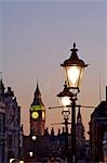 Streetlamps and Big Ben in the early evening.