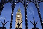 London's famous Clock Tower,Big Ben,is framed by the gates of the Palace of Westminster. Big Ben's name actually comes from the 13 tonne bell hanging inside the tower and named after its commissioner,Benjamin Hall