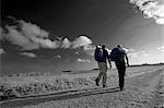 England,West Sussex,South Downs Way. The 160 km long 'South Downs Way' follows the old routes and droveways along the chalk escarpment and ridges of the South Downs. The Trail is shared by walkers,cyclists,and horse riders.