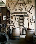 Tools for making wine barrels in the cooper's workshop at Muga winery