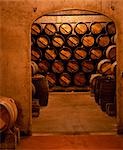 Barrels of Rioja wine in the underground cellars at Muga winery