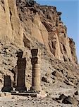 The ruins of an Egyptian temple at the foot of Jebel Barkal Mountain. The Egyptian New Kingdom (1521-1075 BC) regarded Jebel Barkal as a holy mountain,the seat of God Amon,and built several temples there. Amon was revered in both Egypt and the Kingdom of Cush as king of the Gods.