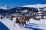 Ein Trab Rennen mit jockeys treibende Pferdeschlitten über den zugefrorenen See in St. Moritz