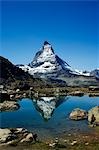 Die Spiegelung Matterhorn (4477m) in einem kleinen See, Zermatt, Wallis, Schweiz