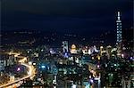 Taipei night time city view and Taipei 101 building from observatory tower