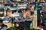 View of Old Town and the Virgin Marys Assumption Church Bell Tower,from Castle Hill. Lviv is a major city in western Ukraine. The historical city center is on the UNESCO World Heritage List and has many architectural wonders and treasures.