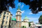 View of Old Town and the Virgin Marys Assumption Church Bell Tower. Lviv is a major city in western Ukraine. The historical city center is on the UNESCO World Heritage List and has many architectural wonders and treasures.