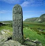 Carved standing stones on a landscape, Glencolumbkille, County Donegal, Republic Of Ireland