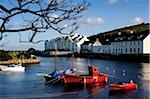 Boats moored at a riverbank with buildings in the background, Cushendun, County Antrim, Northern Ireland