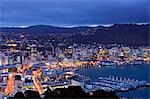 New Zealand,North Island,Wellington. Panoramic city centre night view overlooking Oriental Bay and Wellington Harbour.