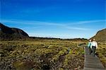 Neuseeland, Nordinsel, Tongariro-Nationalpark. Wanderer auf den Tongariro Crossing eine von der Great Walks Neuseelands. Gegründet 1887, ein World Heritage Area und der älteste Nationalpark in Neuseeland, vierte älteste in der Welt. Der Park wurde an die Regierung von Te Heuheu Tunkin IV, Chef der Ngati Tuwharetoa begabt.