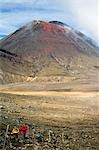 Nouvelle-Zélande, North Island, Parc National de Tongariro. Mt Ngauruhoe (2287m) et les randonneurs sur le Tongariro Crossing, un de la Great Walks of New Zealand. Fondée en 1887, une zone de patrimoine mondial et le plus ancien parc National en Nouvelle-Zélande, quatrième plus ancien dans le monde. Le parc était doué pour le gouvernement de Te Heuheu Tunkin IV, chef d'état-major de la Ngati Tuwharetoa.