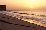Klippen schließen Sie ein Strand in Ras al Jinz das von Suppenschildkröte als einen Nistplatz genutzt wird. Bei Sonnenaufgang machen Sie sich die Wege von ausgewachsenen weiblichen Schildkröten, die aus dem Meer kommen, ihre Eier gelegt und kehrte nach dem Wasser Links