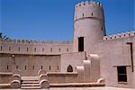 Architectural details of the crenellated walls,tower and buttresses inside the castle at Jaalan Bani bu Hasan