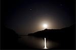 Oman,Muscat Region,Bandar Khayran. Moonrise over the still water of a bay on the Omani coast near Muscat.