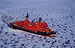 Russia,Franz Josef Land. Aerial view of Russian Nuclear-powered Icebreaker 'Yamal' in sea-ice.