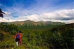 Male hiker on the Skookum Volcano Trail with the Boyden Hills in the distance, Wrangell Saint Elias National Park, Southcentral Alaska, Summer