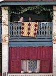 Eine attraktive Balkon eines Hauses in Ambalavao mit ihm typische Highland Architektur, Madagaskar