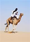 Mali,Timbuktu. In the desert north of Timbuktu,a Tuareg man rides his camel across a sand dune. He steers the animal with his feet.