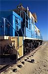 The locomotive for the worlds longest train sits at the station in Nouâdhibou. The full train is up to 2.5 kilometres long and trundles between Nouâdhibou and the iron mines of Zouérat in Mauritania.