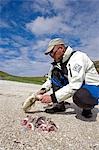 Norvège, Nordland, Helgeland. Un guide de kayak de mer prépare un déjeuner sain du poisson fraîchement pêché sur la plage.