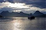 Norway,Nordland,Helgeland. The evening ferry sails into the coastal town of Nesna on Norways western coast