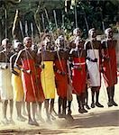 Samburu warriors,spears in hand,jump into the air without bending their knees during one of their dance routines.