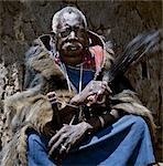 Ole Senteu Simel,grandson of the famous Maasai Laibon Mbatian (after which the highest peak of Mount Kenya is named),was the most respected laibon of the Maasai until his death in 1986. This photograph was taken three weeks before he died. Maasai Laibons are the soothsayers and clairvoyants of the tribe and control all ceremonial occasions.