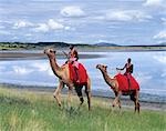 Two Maasai men ride camels near Lake Magadi in Kenya's Rift Valley Province. Although the Maasai do not customarily keep camels,much of the semi-arid land of southern Maasailand is more suited to camels than cattle.