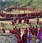 Africa,Kenya,Kajiado District,Ol doinyo Orok. A large gathering of Maasai warriors during an Eunoto ceremony when the warriors become junior elders and thenceforth are permitted to marry.